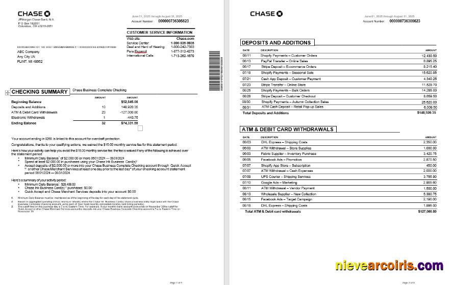 USA Chase business bank statement 5 pages,